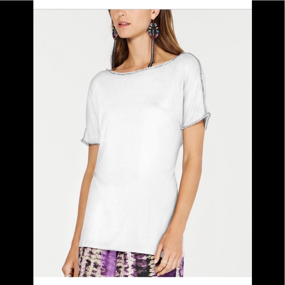INC Women’s Rhinestone Embellished Tee White Size M NWT